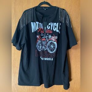 NWT - Fashion Nova Motorcycle Graphic V-Neck Tee with Rhinestone Shoulder Trim